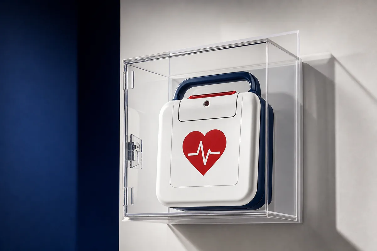 Desfibrilador externo automático CardioPro instalado en empresa